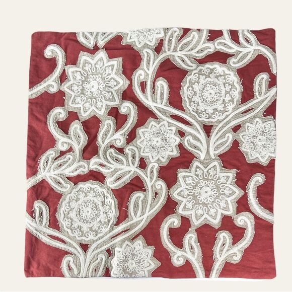 Pottery Barn Embroidered Floral Rust Orange and Cream Euro Sham Pillow Case - Picture 1 of 6